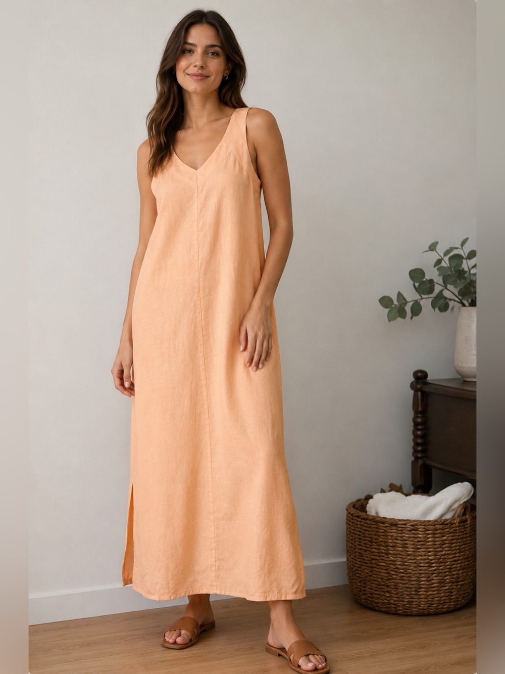 DKNY New linen blend Sleeveless Peach Maxi Dress
